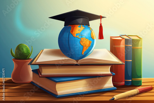 Pile Of Books With Globe On Top Of Them. Knowledge Day Poster photo