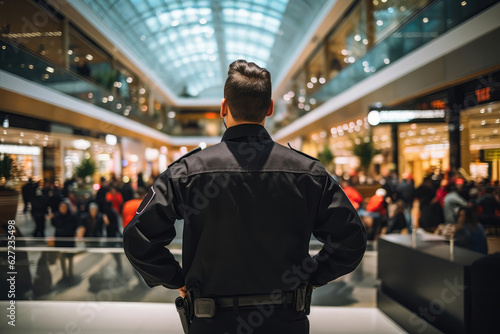 Obraz na płótnie Security Guard In Black Stands With His Back To Shopping Malls