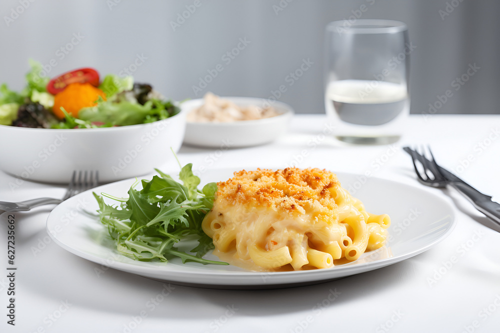 Mac and cheese on white plate served with greens and vegetables Mac and cheese on white plate served with greens and vegetables
