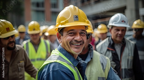 Happy of team construction worker working at construction site. Smiling construction worker in hard hat in group with a smile.