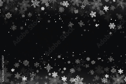 Falling snowflakes on night sky black background. Bokeh with white snow and snowflakes on a black background.