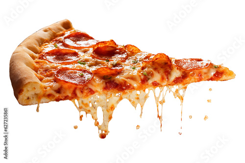 Fotografiet Template with delicious tasty slice of pepperoni pizza flying on white background
