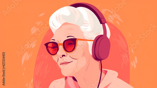 Grandma listens to music on his headphones. Generative Ai