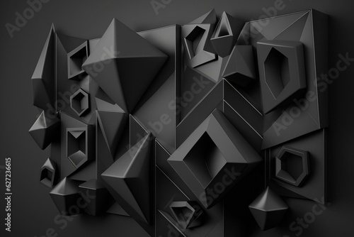 3D banner with black geometric surfaces and tetrahedrons. Futuristic and dark. Generative AI
