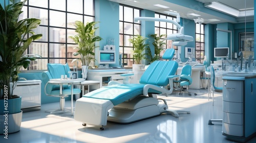Modern dental clinic, dentist chair and other equipment used by dentists in blue white light, dental surgeons are surgeons who specialize in dentistry and treating oral conditions. © ND STOCK