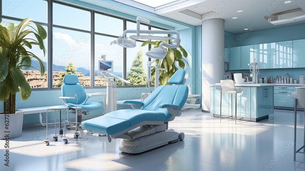 Modern dental clinic, dentist chair and other equipment used by dentists in blue white light, dental surgeons are surgeons who specialize in dentistry and treating oral conditions. Modern dental clinic, dentist chair and other equipment used by dentists in blue white light, dental surgeons are surgeons who specialize in dentistry and treating oral conditions.