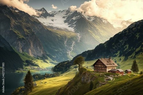 Scenic vista in Austrian alps. Generative AI