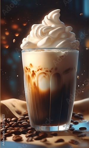 An AI generated illustration of a glass of frappe coffee on a fabric with beans around it