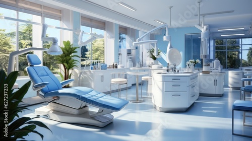 Modern dental clinic  dentist chair and other equipment used by dentists in blue white light  dental surgeons are surgeons who specialize in dentistry and treating oral conditions.