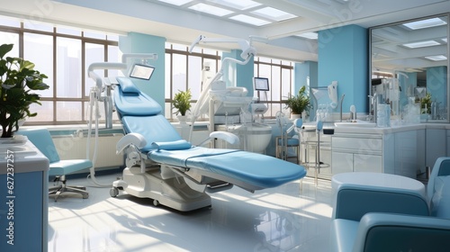Modern dental clinic, dentist chair and other equipment used by dentists in blue white light, dental surgeons are surgeons who specialize in dentistry and treating oral conditions.