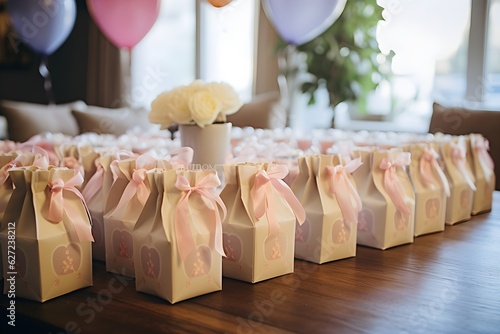 Photo a table at a baby shower laden with cute party favors for the guests, thanking t