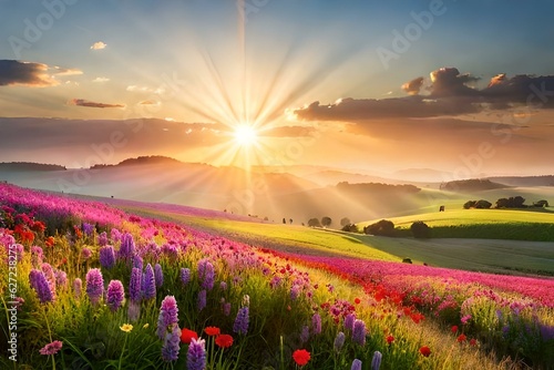  Colorful flower meadow with sunbeams and bokeh lights in summer