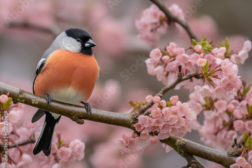 Puffy fluffy bullfinch witting on the tree with spring buds