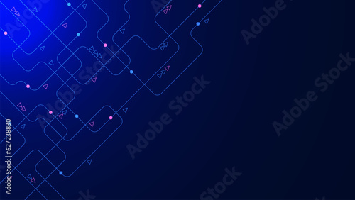 Geometric circuit technology connect dots and lines. Network connection and digital communication technology concept on dark blue background.
