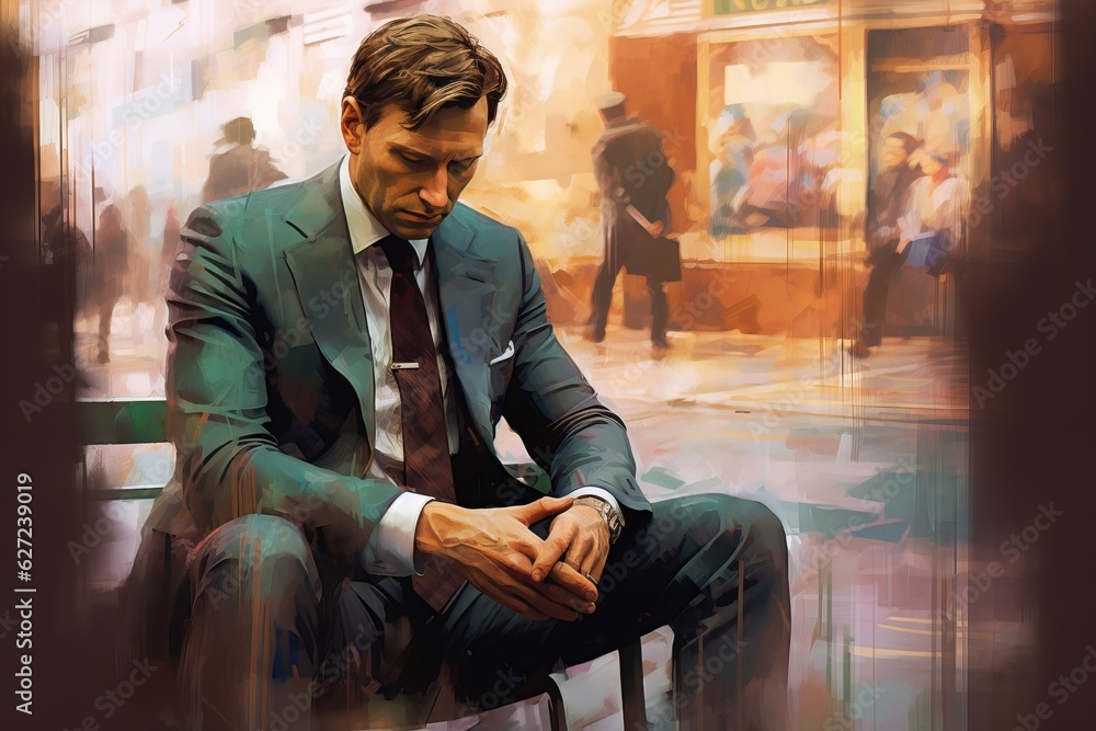 man in suit, sitting in business district, mental health suffering, anxiety. Ai generated.