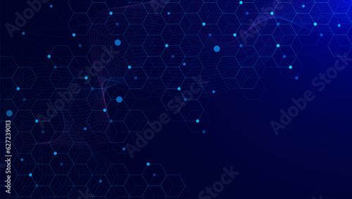 Molecule structure DNA chain, genetics, genome for medical background. Hexagons with connecting dots lines and wave. Biotechnology and network connection concept.