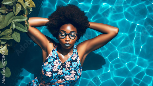 Black woman relaxing and enjoying herself in a pool, exuding a sense of tranquility and serenity. Top view. Generative Ai
