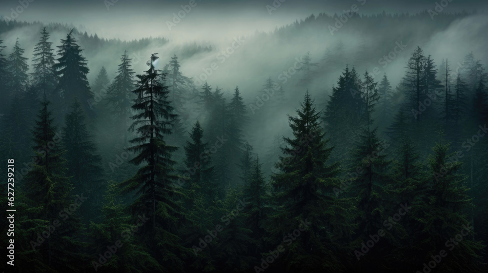 In the pine forest in the valley in the morning it is very foggy, the atmosphere looks scary. Dark tones and a vintage look