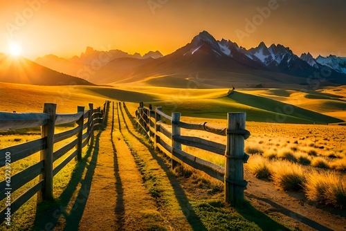 Picturesque landscape  fenced ranch at sunrise