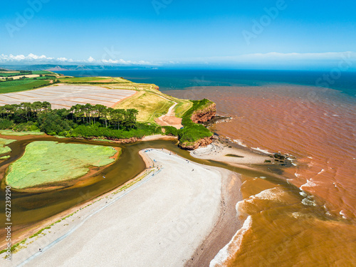 River Otter Estuary Nature Reserve from a drone, Budleigh Salterton Beach, Devon, England	 photo