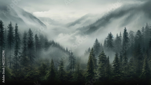 Foggy landscape with spruce forest in hipster vintage retro style © mirexon