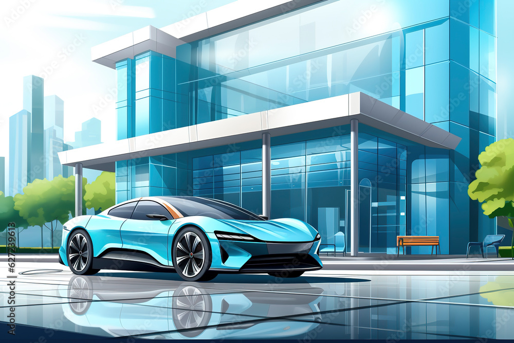 illustration Luxury generic EV car parked outside modern office building