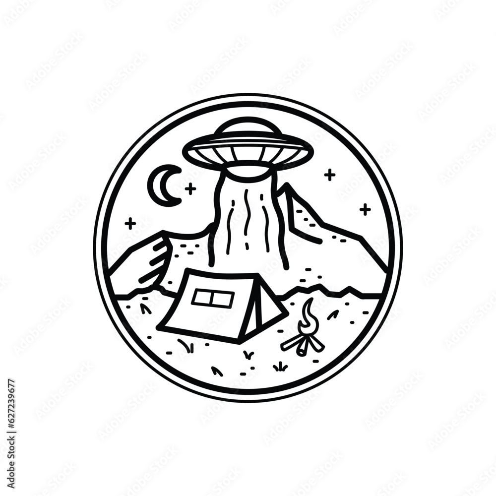 Badge and emblem ufo and camping monoline or line art style logo Badge and emblem ufo and camping monoline or line art style logo