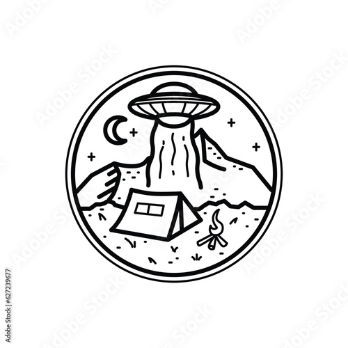 Badge and emblem ufo and camping monoline or line art style logo