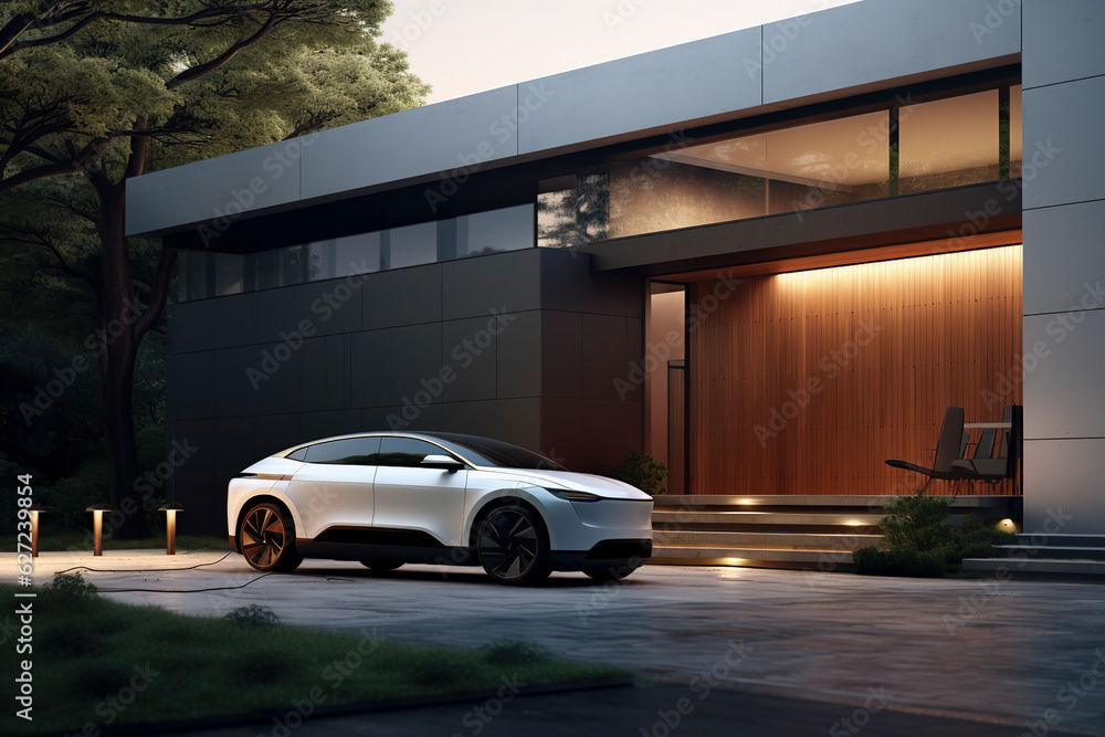 Luxury generic electric car parked outside modern minimalist design house