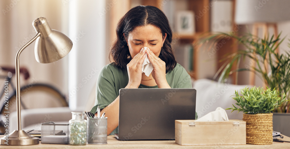 Remote work from home, sneeze and woman with a laptop, virus and illness with disease. Female person, freelancer and entrepreneur blowing her nose, covid and flu with online consultation with doctor - obrazy, fototapety, plakaty 