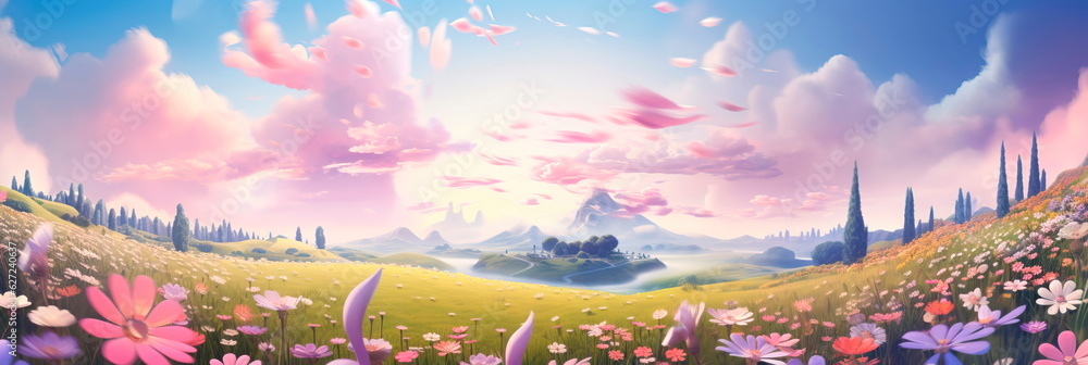 meadow with colorful wildflowers and a gradient background of soft pastels