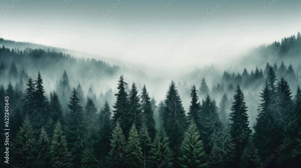 Pine forest in the valley on a foggy morning Fresh green atmosphere.