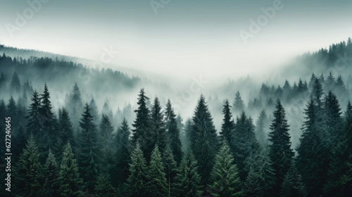 Pine forest in the valley on a foggy morning Fresh green atmosphere.