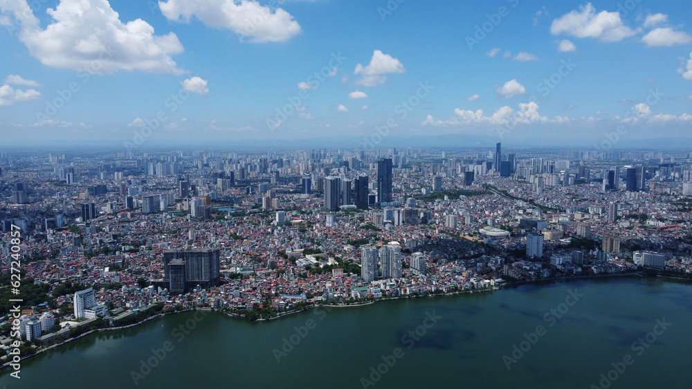 Aerial view of Hanoi, capital of Vietnam. The West Lake, also known as Ho Tay lake, is seen in the bottom.