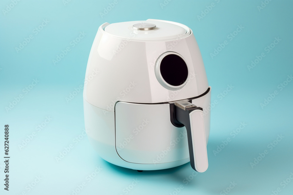 Air fryer kitchen tool on blue background. Generative AI illustration Air fryer kitchen tool on blue background. Generative AI illustration