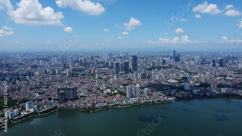Aerial view of Hanoi, capital of Vietnam. The West Lake, also known as Ho Tay lake, is seen in the bottom.
