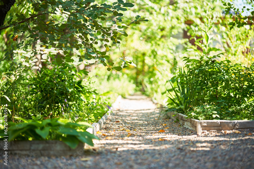 Gravel path in garden on summer day. Gravel path in garden on summer day.
