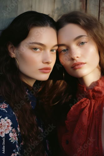 portrait of two women/models/book characters in daylight scene for lgbtq + awareness embracing in a fashion/beauty editorial magazine style film photography look - generative ai art
