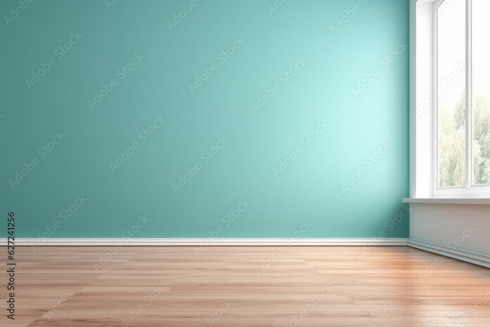 Blue turquoise empty wall and wooden floor with interesting with glare from the window. Interior background for the presentation. Generative AI. Blue turquoise empty wall and wooden floor with interesting with glare from the window. Interior background for the presentation. Generative AI.