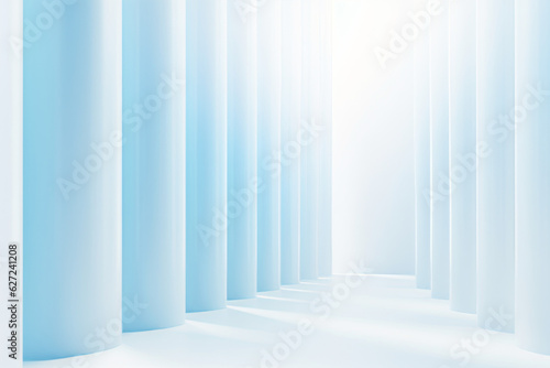 Beautiful airy widescreen minimalistic white and light blue architectural background banner with tilted columns. Generative AI.