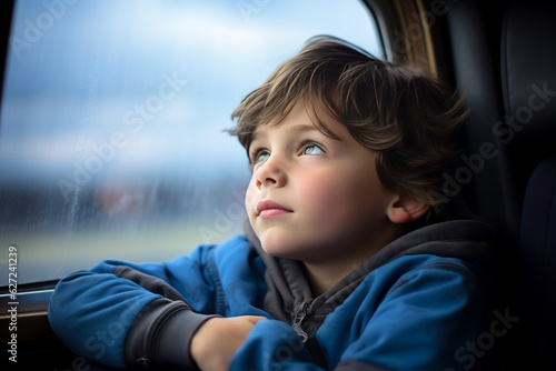 Thoughtful dreamy attractive thoughtful boy enjoying calm leisure time at home, looking away in deep thoughts with pensive face, dreaming, thinking over good future plans. Generative AI.