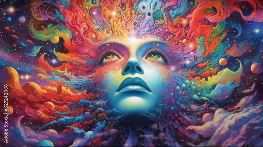 Trippy psychedelic painting showing the face of a woman emerging from an explosion of colors in outer space, spiritual awakening, consciousness expansion concept.
