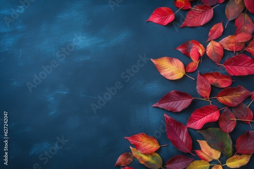 Autumn red leaves on blue purple texture background. Copy space. View from above. generative ai