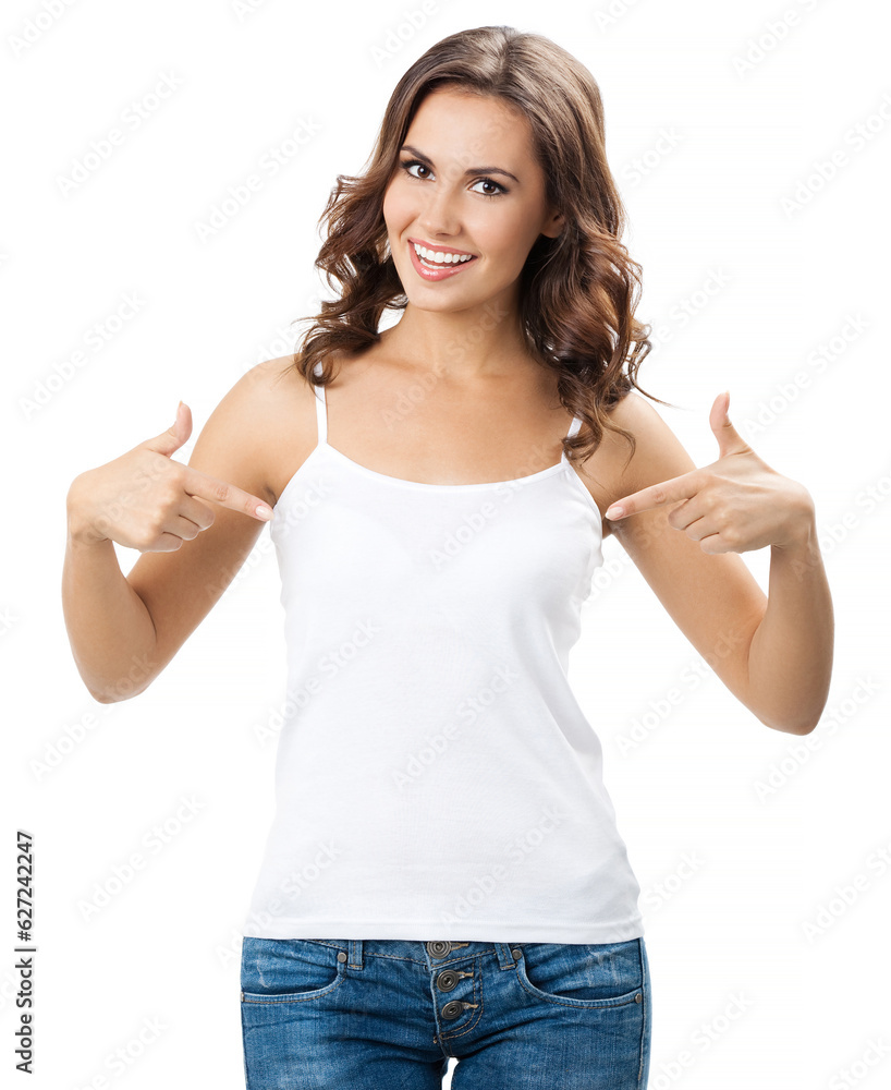 Fototapeta premium Happy smiling beautiful young woman showing copyspace or something, isolated over white background