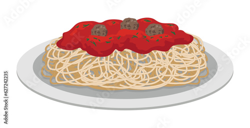 A plate of spaghetti covered with tomato sauce and meatballs