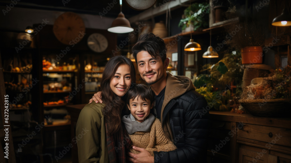 Portrait of happy asian family standing together in a cafe.