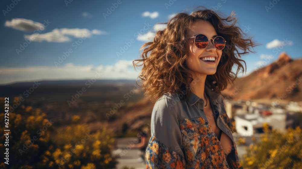 Beautiful young sexy woman with curly hair and sunglasses on the background of mountains town in Italy.