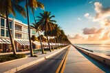 A sunny beachfront street in Miami, with palm trees. Generative AI