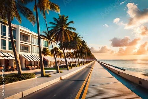 Fototapeta A sunny beachfront street in Miami, with palm trees