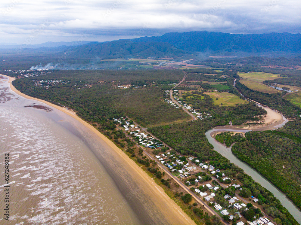 aerial drone panorama of rollingstone creek river mouth in beautiful rural town balgal beach; unique coastline of  tropical north queensland near townsville, australia